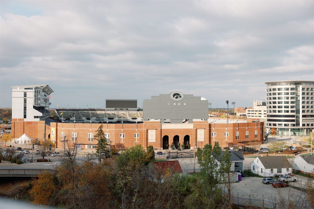 Iowa City skyline featuring Kinnick Stadium and University of Iowa campus buildings