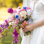 Cascading bridal bouquet, colorful wedding, summer wedding, purple wedding flowers