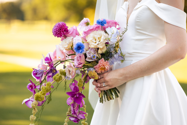 Cascading bridal bouquet, colorful wedding, summer wedding, purple wedding flowers