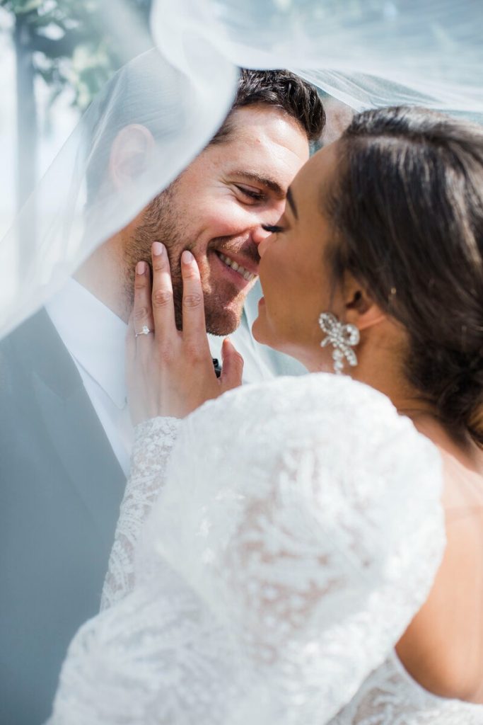 Bride and groom sharing an intimate moment, close-up of their faces
