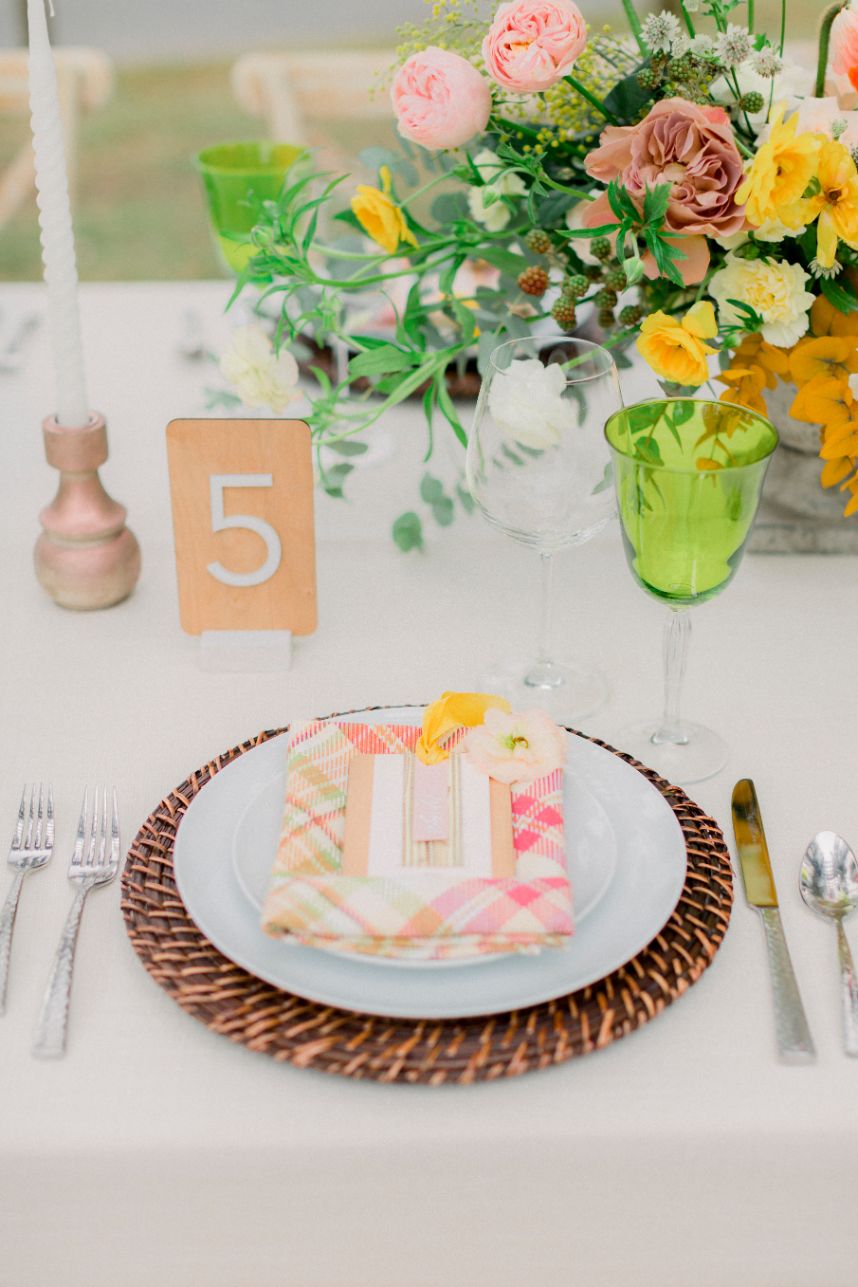plaid napkin place setting