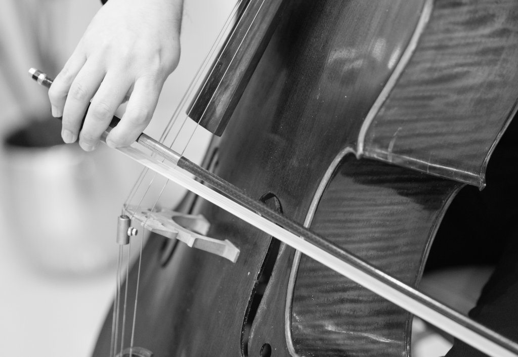 Close-up of hands playing cello strings with bow in black and white