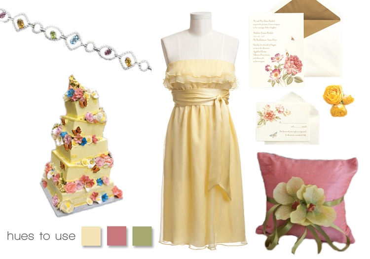 Sunshine wedding inspiration, yellow, green, pink 