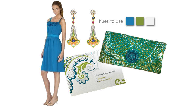 Peacock wedding inspiration board in blue and green
