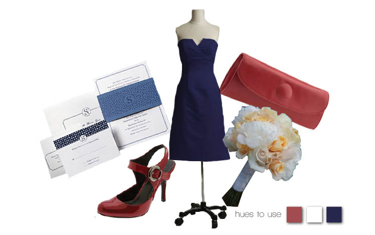 Navy blue, white and red bridesmaid look with dress available from Bridal Boutique in Lewisville