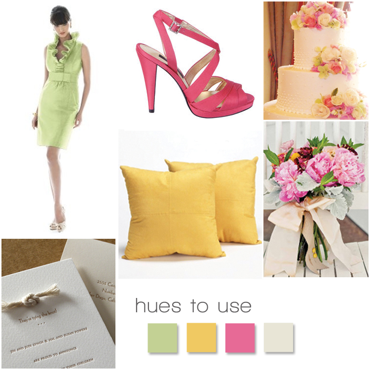 Wedding Inspiration, Green Bridesmaid Dress, Yellow Wedding Pillows, Pink Wedding Shoes