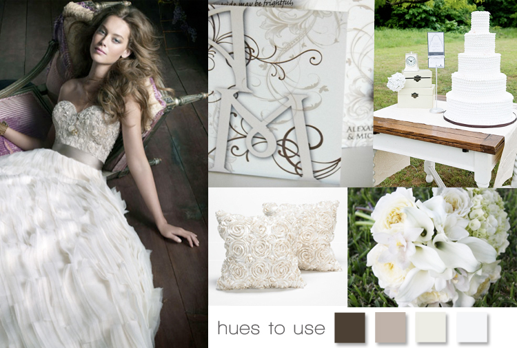 Mocha, taupe, ivory and white wedding inspiration board