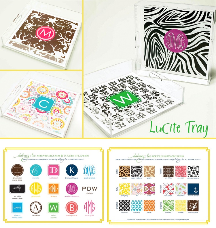 Monogrammed lucite trays by Dabney Lee available at The Write Invite in Dallas, Pineapple Grove in Flower Mound, Swoozies in Dallas and Southlake, Texas.