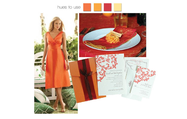 Sunrise orange bridesmaid dress from the Dessy Collection, place setting by Nest Floral Studio in Lewisville, Texas, and invitation available at Paper and Chocolate in Dallas and Byrd and Bleecker in Fort Worth