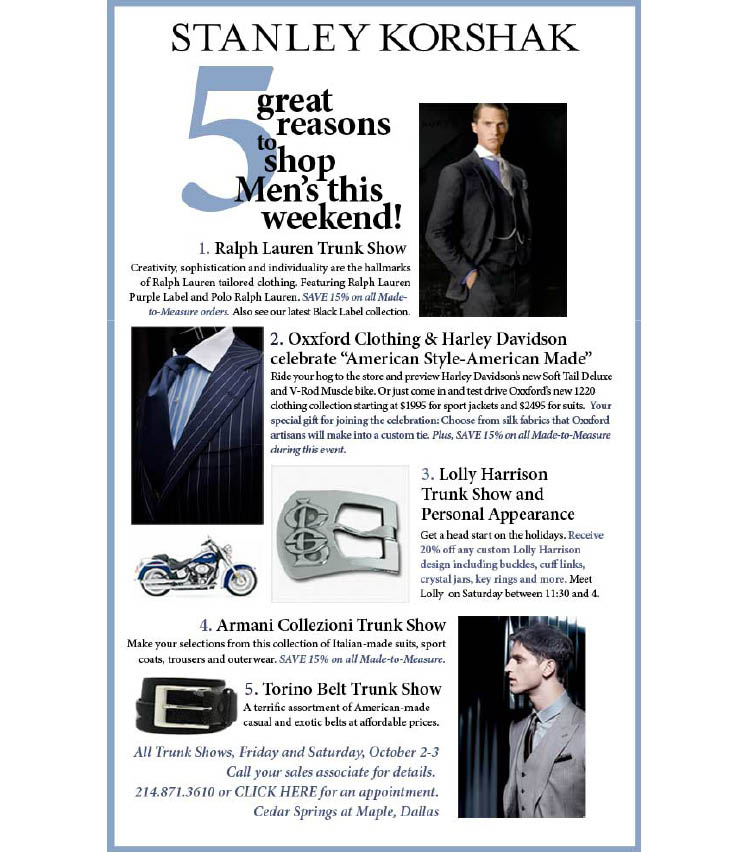 Stanley Korshak men's trunk shows this weekend in Dallas, Texas
