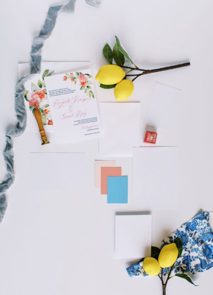 coral, blue and lemon with wedding invitation suite