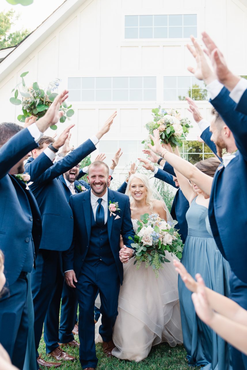 dusty blue bridesmaid dresses with groomsmen Dusty Blue Wedding Bridesmaids and Groomsmen Barn Wedding
