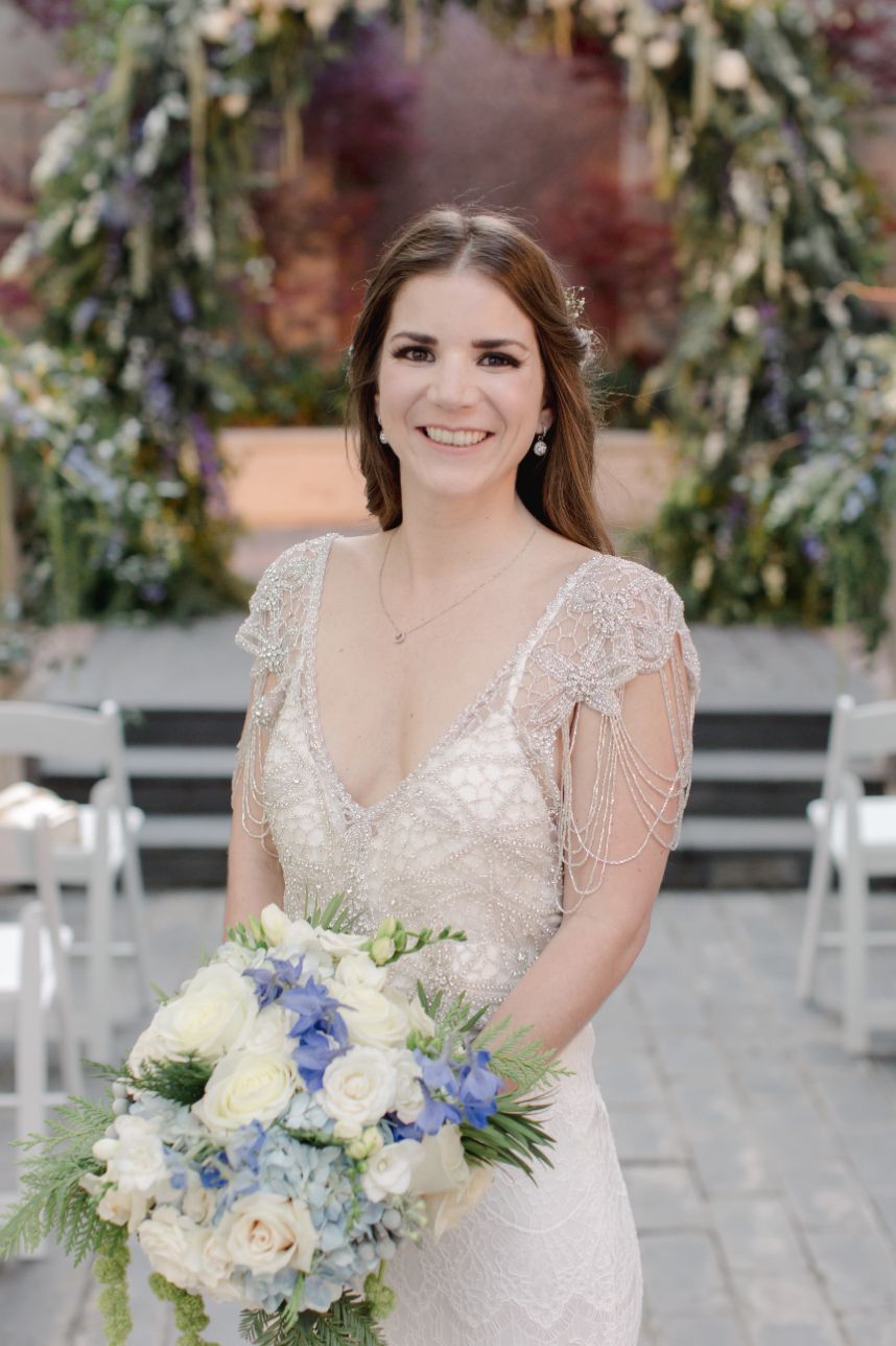 blue and white wedding bride