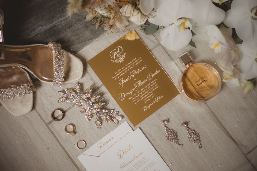 gold etched wedding invitation