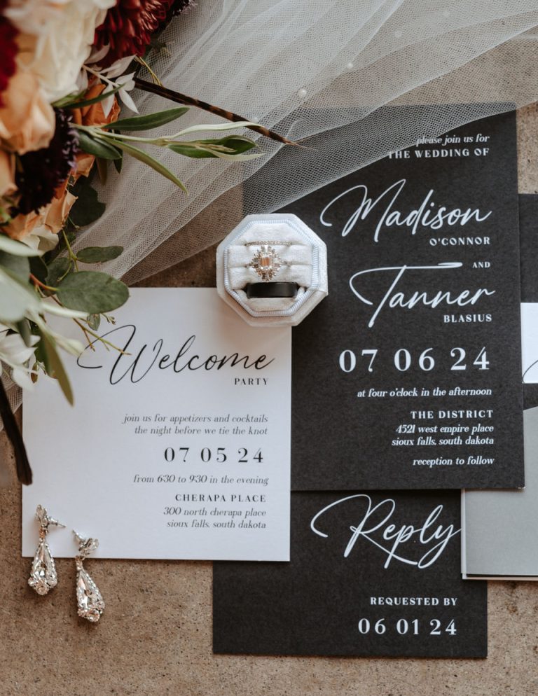 Custom wedding invitation suite with acrylic and paper cards featuring modern calligraphy design