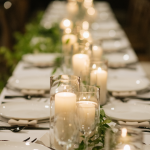 Candlelit wedding reception table with greenery garland centerpiece