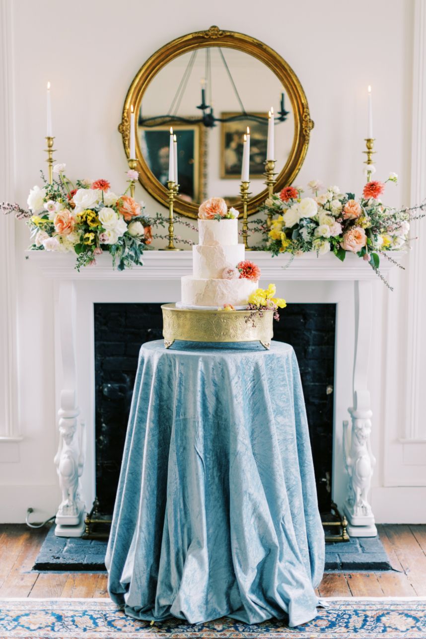 wedding cake on blue table