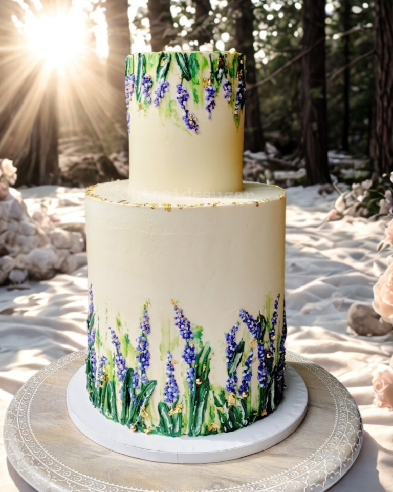 white two tiered wedding cake with blue and green floral accents coming from the bottom and top of the cake