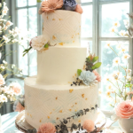 white three tiered wedding cake with peach floral accents