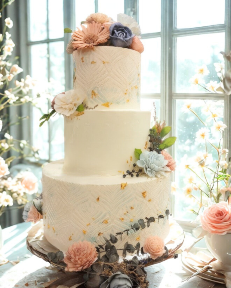 white three tiered wedding cake with peach floral accents
