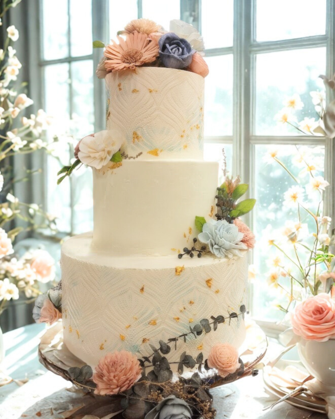 white three tiered wedding cake with peach floral accents