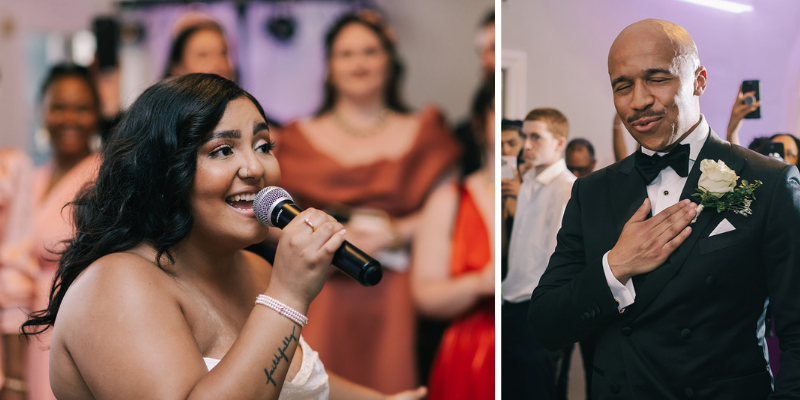 Bride singing into microphone and groom reacting during wedding reception at Brantwyn Estate in Wilmington, Delaware.