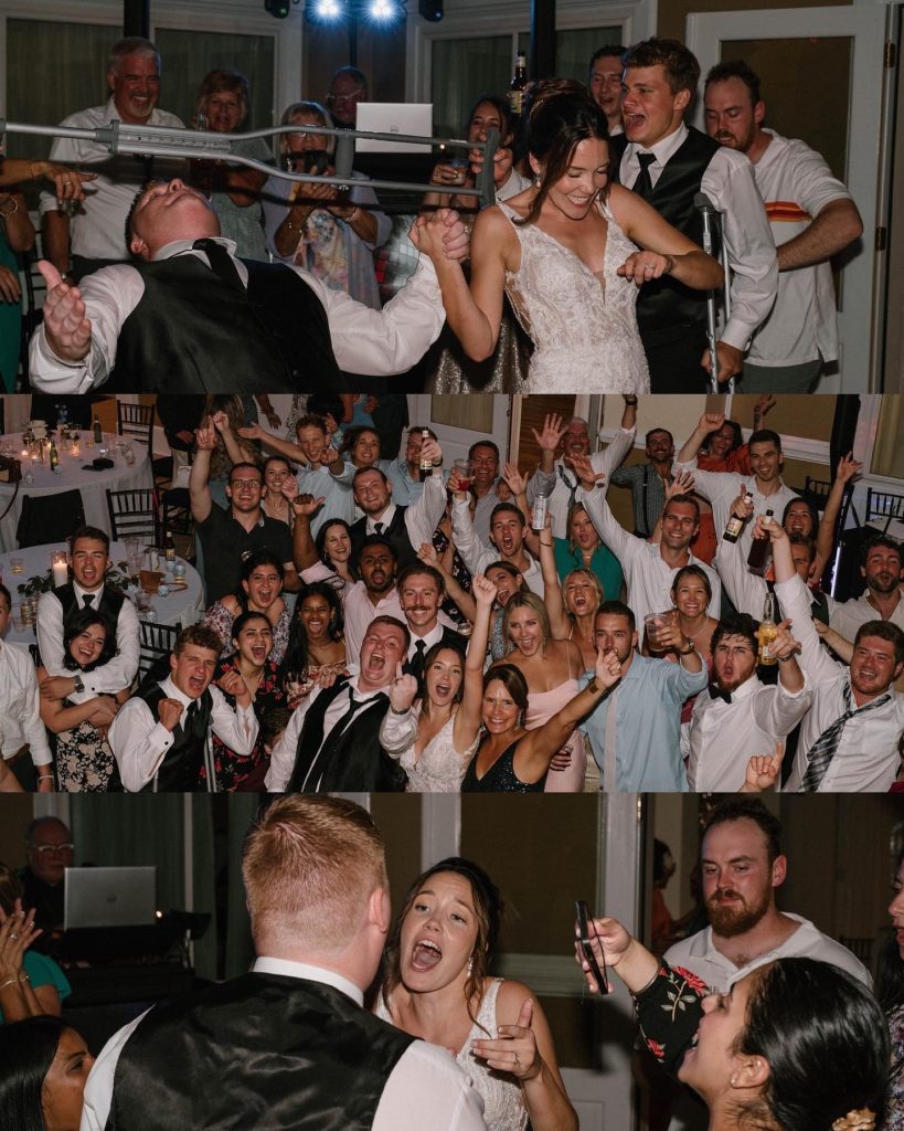 Wedding guests celebrating with limbo dancing, group photo, and energetic reception dancing at Savannah venue