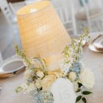 Table number centerpieces with blue and white florals
