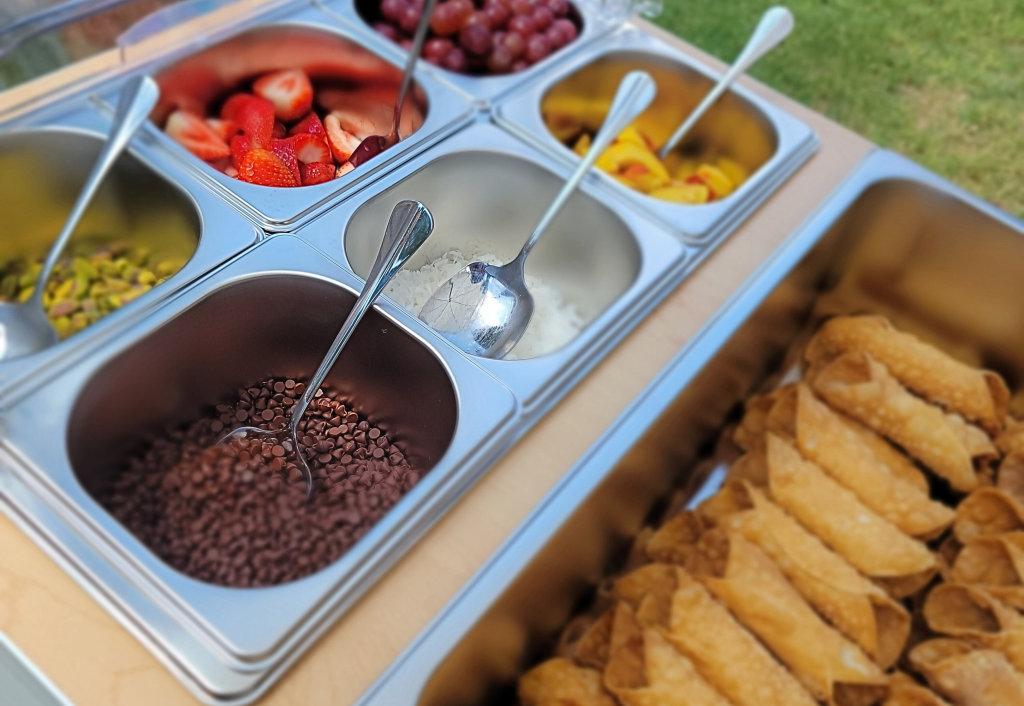 Wedding catering dessert station featuring churros, chocolate chips, fresh strawberries, grapes, and fruit toppings