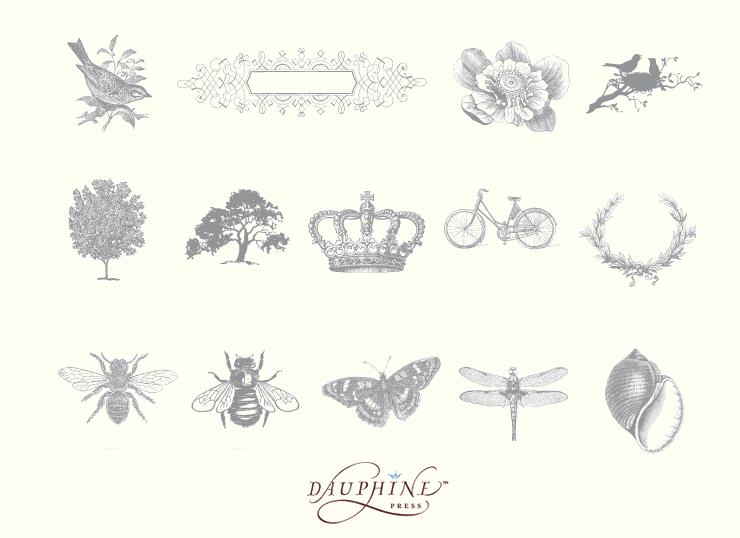 Customize your wedding invitations with motifs from the Dauphine Press available at Paper Girl in Tulsa, Oklahoma