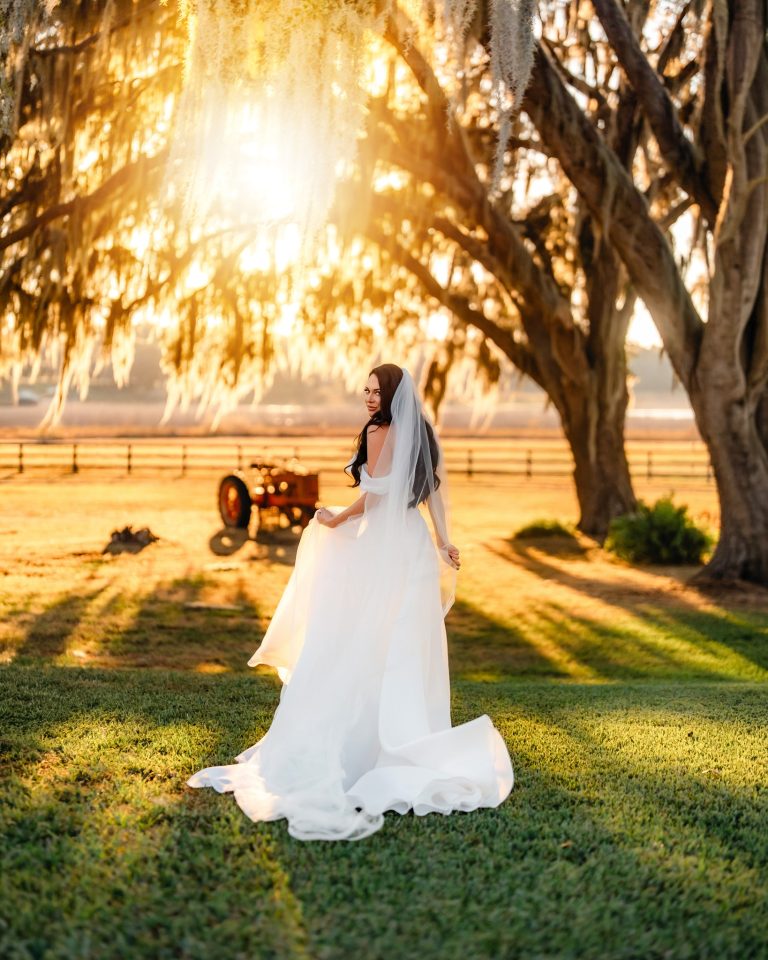 Bride in flowing white gown and veil posing under moss-draped oak trees at golden hour on farm property