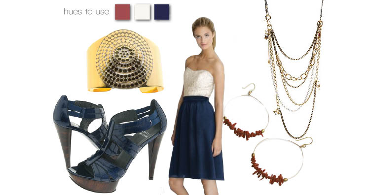 Red, white and blue rehearsal dinner look with dress from the Dessy Group available at Bridal Classiques in Tulsa and Bella Rose Bridal in Edmond, Oklahoma