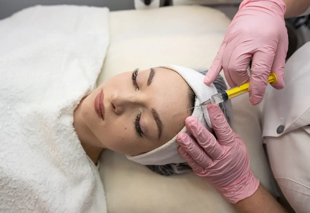 Medical professional administering facial injection treatment to client at aesthetic medical spa