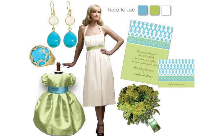 Turquoise and lime wedding day color scheme with invitations from Whitney English, dresses from Bridal Classiques in Tulsa and Bella Rose Bridal in Edmond, flowers by Cole Dewey Designs and earings from B.C. Clark Jewelers in Oklahoma City, Oklahoma