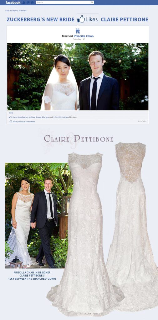 Mark Zuckerberg's new Bride Priscilla Chan wears Claire Pettibone Wedding Gown