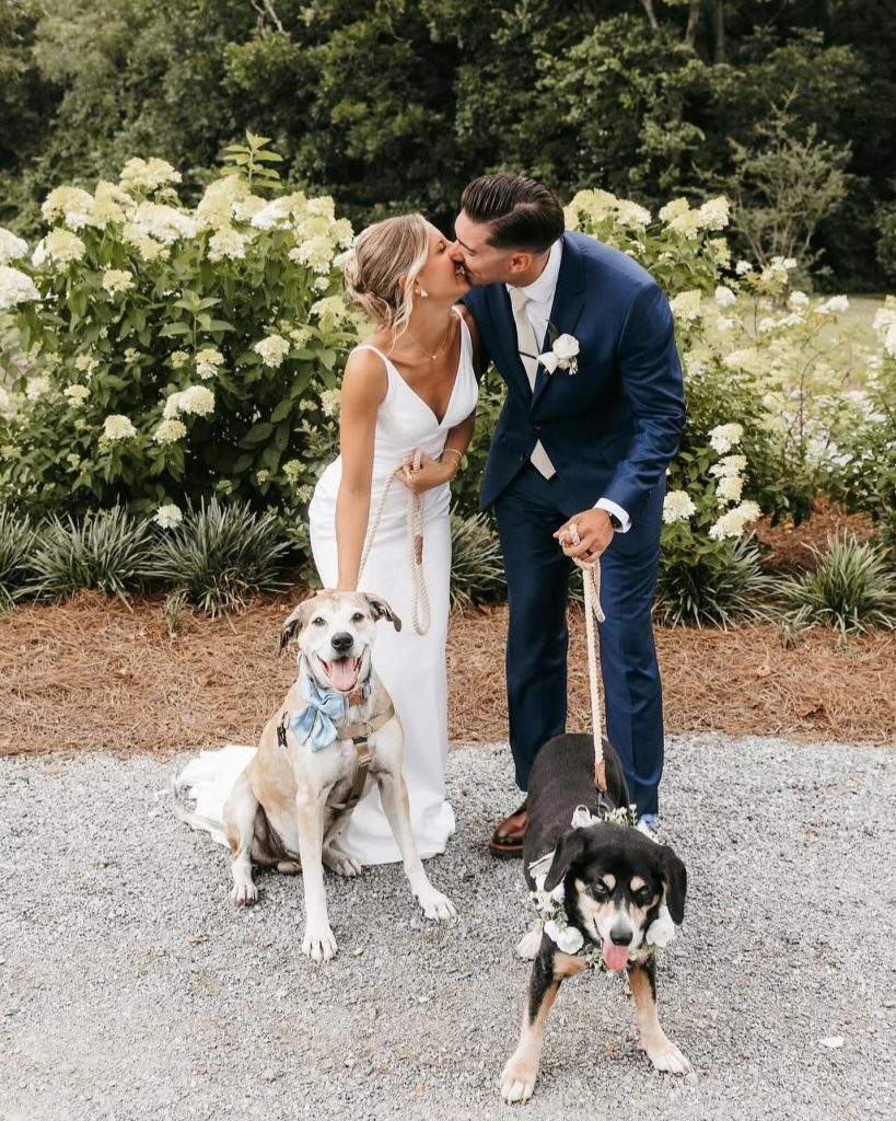 Bride and groom kissing with two dogs wearing bow ties and floral collars in garden setting with white hydrangeas