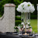 wedding reception with white florals and crystals