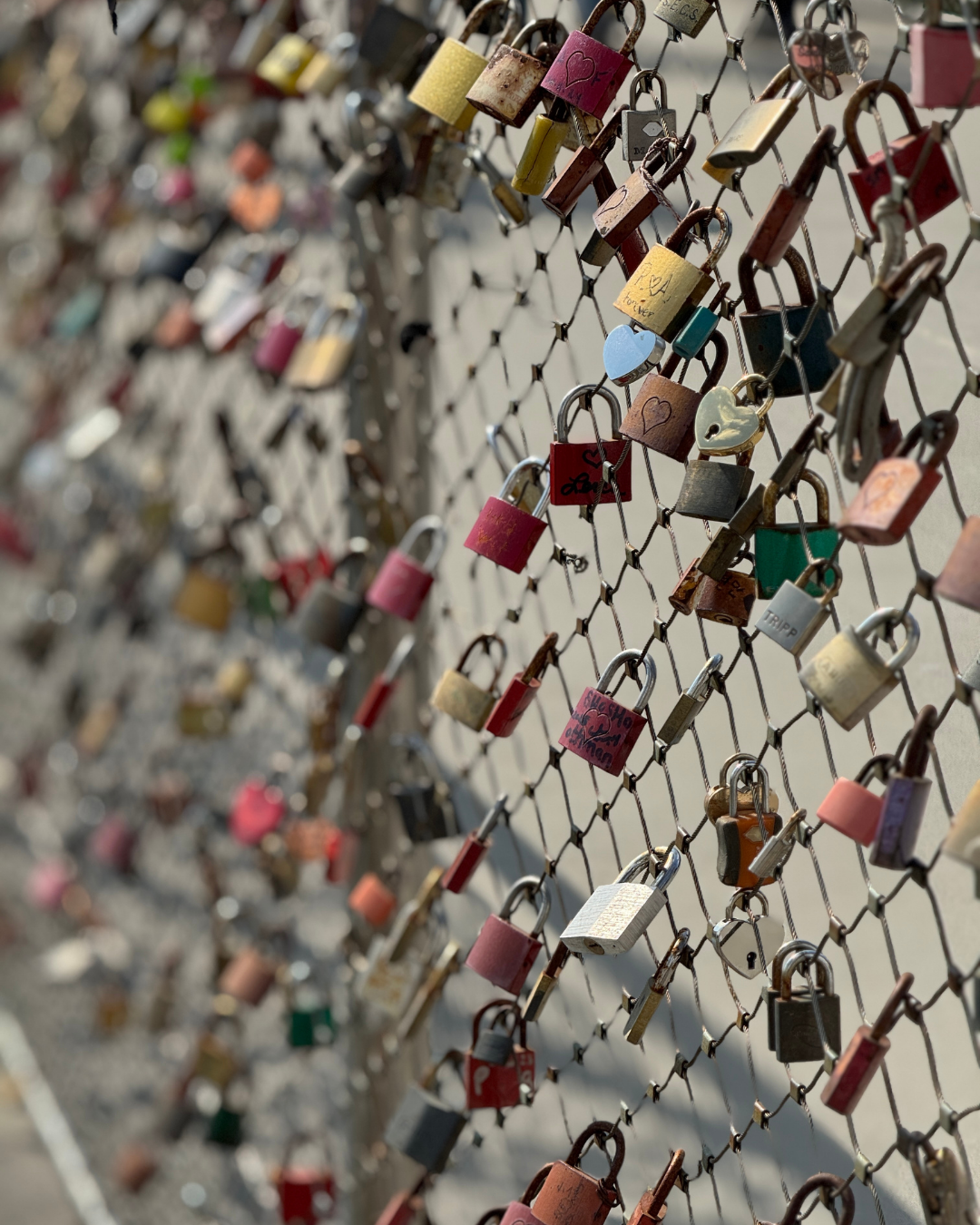 fence with different colored locks with hearts and initials on the locks