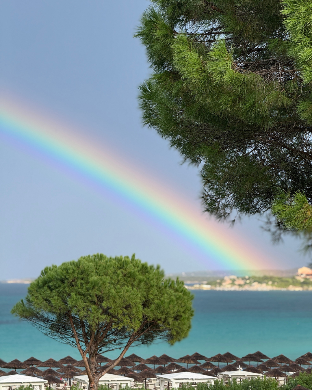 Rainbow arcing over turquoise Mediterranean waters with beach umbrellas and pine trees, showcasing a luxury honeymoon destination
