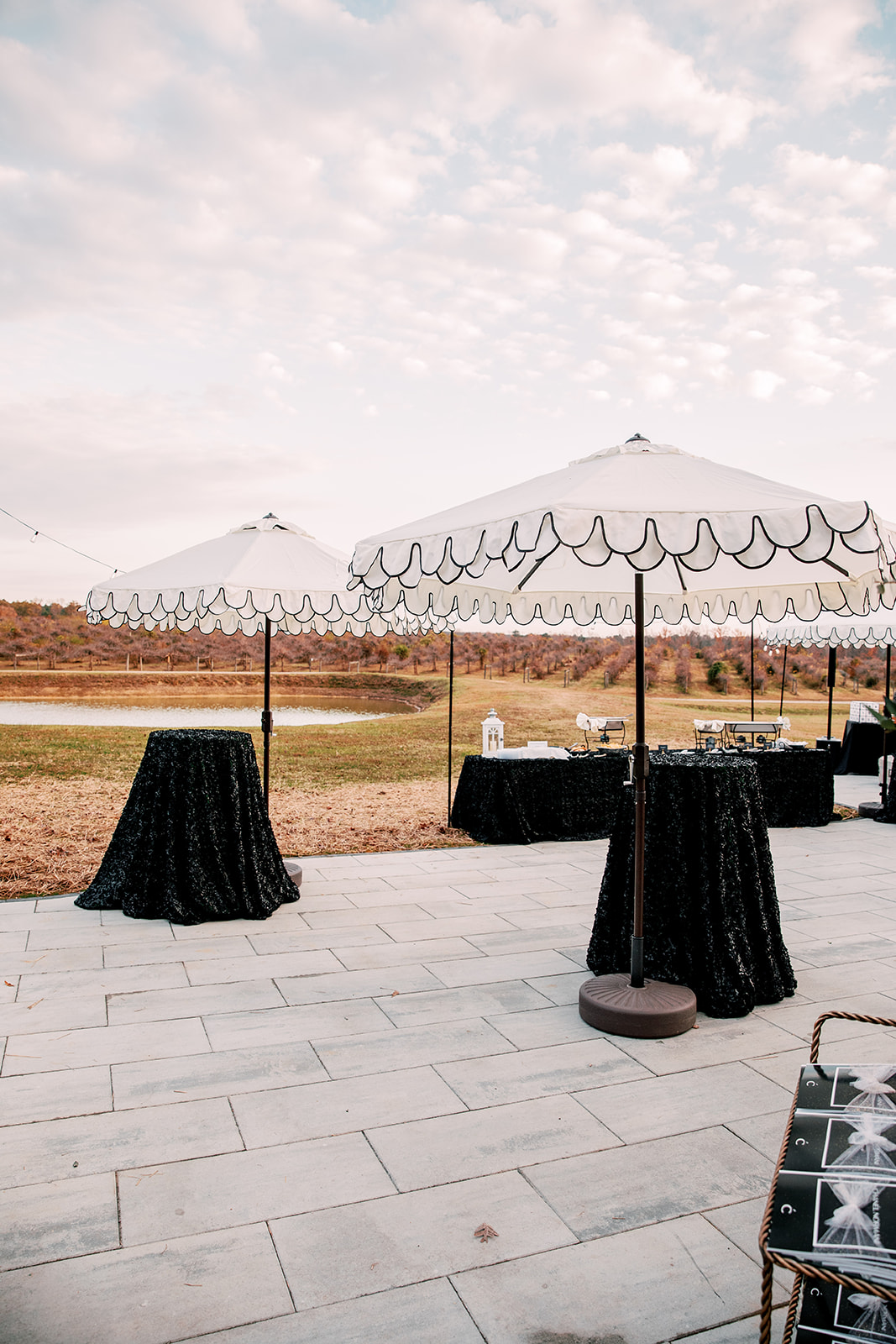 Outdoor cocktail area with black-draped tables and string lights at vineyard