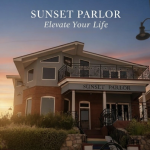 Sunset Parlor venue exterior at dusk with brick facade and wraparound balcony