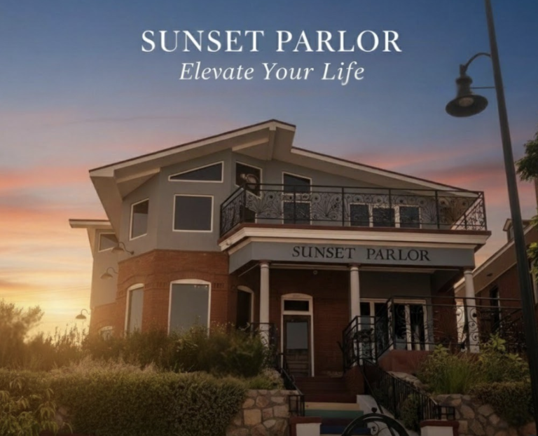 Sunset Parlor venue exterior at dusk with brick facade and wraparound balcony