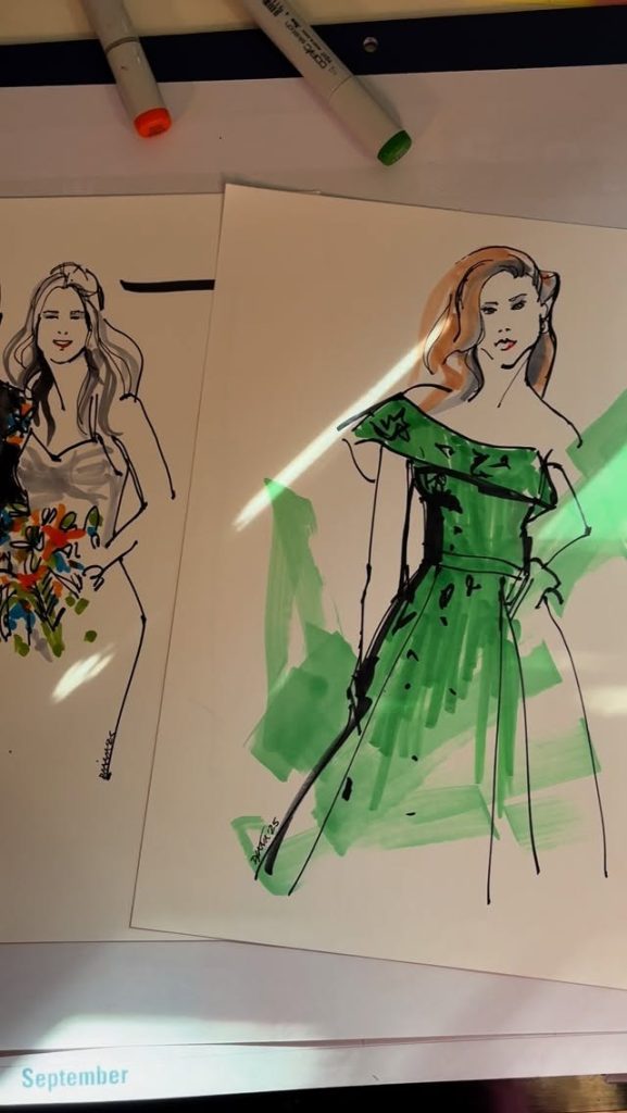 Hand-drawn fashion illustrations of brides in white and green gowns with markers