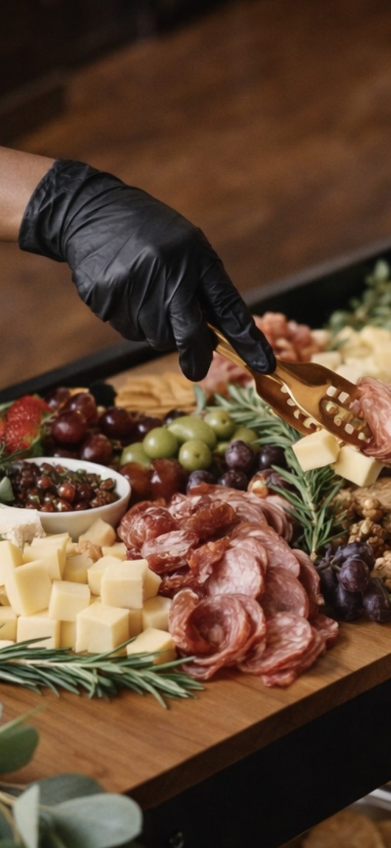 Fruit and Cheese Board with hand picking up cheese cube