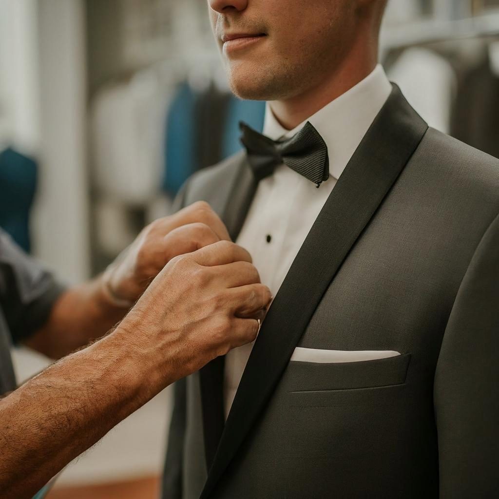 Groom being fitted for a gray tuxedo with black bow tie at Cleveland formalwear shop