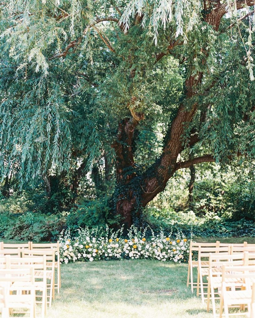 Garden wedding ceremony site with lush white and yellow floral installation under mature willow tree