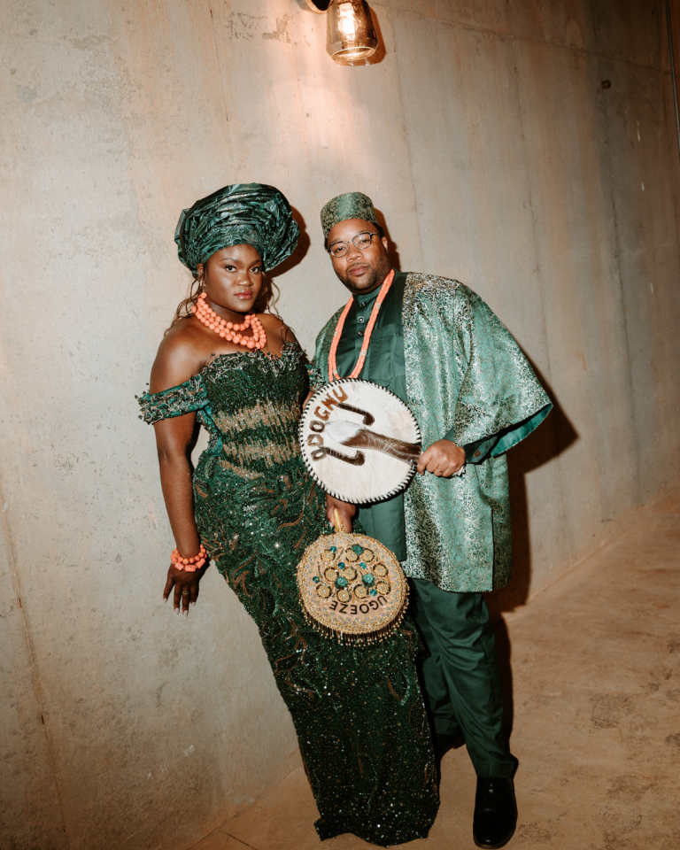 cultural wedding guests in green and oragne