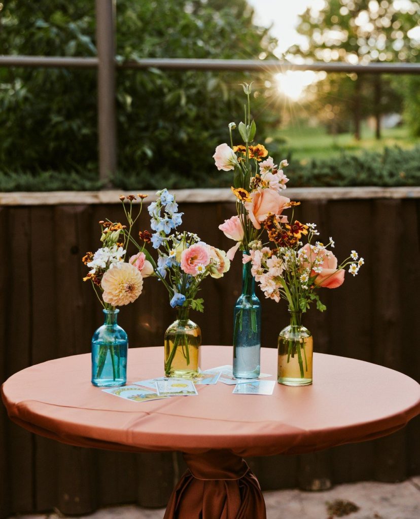 Four colored glass bottles holding pink, blue, and yellow wildflowers on peach-colored cocktail table at golden hour