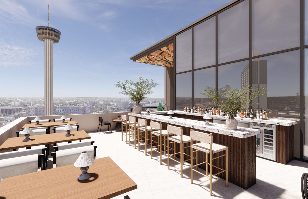 Rooftop bar terrace with San Antonio Tower of the Americas view and modern seating
