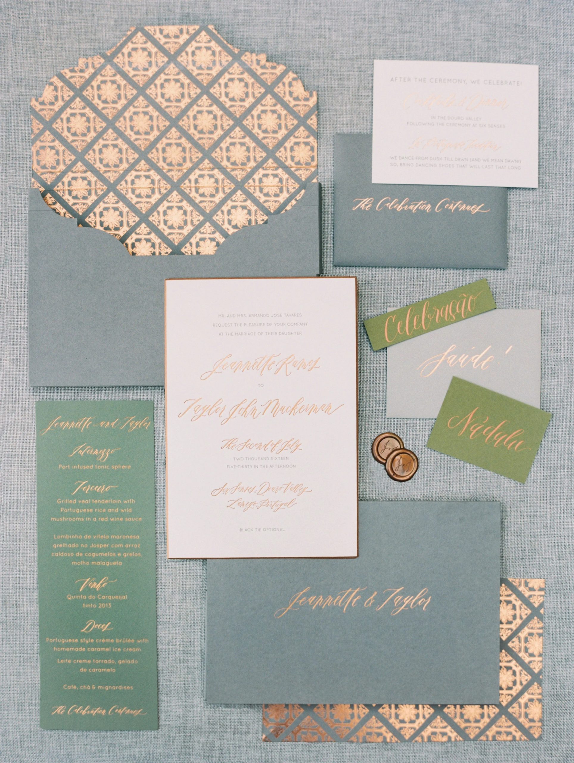 Wedding invitation suite in sage green and blush pink with rose gold calligraphy, including envelope liner with geometric tile pattern, menu cards, and wax seals